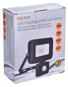 SOLIGHT LED reflektor PRO 10W/230V/850Lm/5000K/120°/IP44, senzor, černý