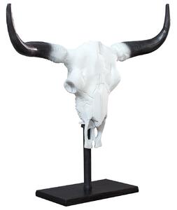 Venkovská bílá dekorace Bull s černými rohy na zeď nebo postavení na obdélníkový černý stojan 50 cm