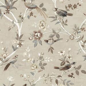 Hnědo-béžová vliesová tapeta s květinami a ptáčky, 28843, Thema, Cristiana Masi by Parato