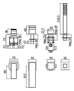 Alpi Una18 - Vanová baterie, mechanický přepínač, vývod a ruční sprcha na desce, Chrom ALUN M28D31237