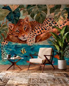 Fototapety Leopard mezi tropickými listy nad vodou s rybou, Fototapety s přírodními motivy, w05954v1 : uwalls.cz
