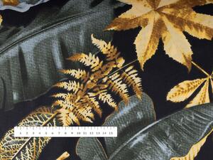 Bavlněná látka/plátno Sandra SA-389 Šedozelené a zlaté tropické listy na černém - šířka 160 cm