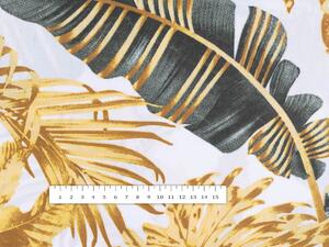Bavlněná látka/plátno Sandra SA-388 Šedozelené a zlaté tropické listy na bílém - šířka 160 cm
