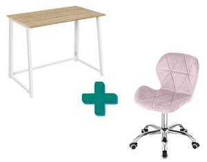 Set do pracovny ZARIMO stůl 80x40 cm bílý + křeslo AVOLA VELVET růžové