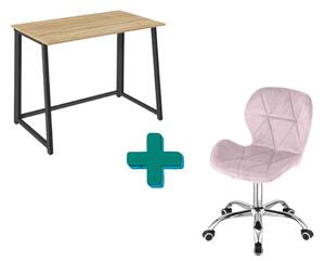 Set do pracovny ZARIMO stůl 80x40 cm dub sonoma + křeslo AVOLA VELVET růžové