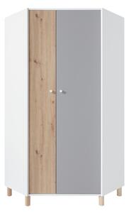 Rohová šatní skříň FARO, 90x190x90, bílá/dub artisan/šedá