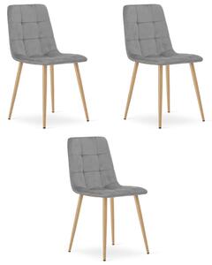Set tří jídelních židlí KARA sametové, světle šedé / hnědé nohy (3 ks)