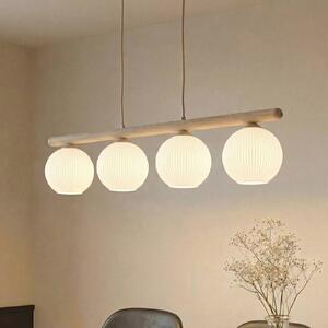 TK Lighting Závěsné světlo Virlo, 4 žárovky, dřevo, opálové sklo, délka 95 cm, stmívatelný, Světlé dřevo, Obývací pokoj / jídelna, Sklo