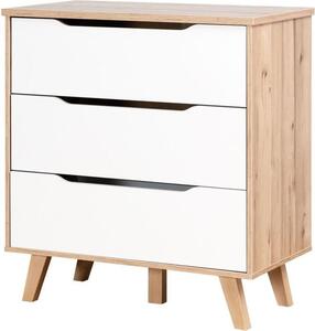 Komoda se 3 zásuvkami - dub a matná bílá - masivní nohy - skandinávský styl 80 cm - VANKKA