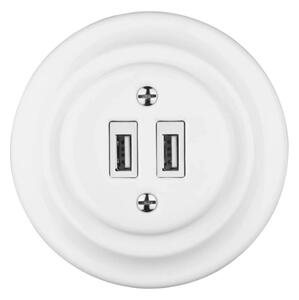 Reblig - Porcelánová retro USB napájecí zásuvka s rámečkem 2x USB-A bílá