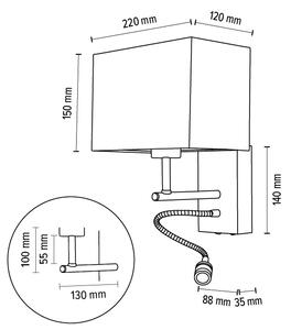 BRITOP Nástěnné svítidlo SONAR, 1W + 1xE27, š. 22 cm, CRI80 Barva stínidla: Černá látka, Barva podstavy: Dubové dřevo