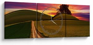 Obraz pole se západem slunce (s hodinami) (90x30 cm)