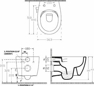 Isvea SENTIMENTI závěsná WC mísa, Rimless, integrovaný ventil a bidet. sprška, 36x51 cm, bílá 10ARS1010