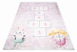 Makro Abra Dětský kusový koberec vhodný k praní BAMBINO 2227 Zajíček Prasátko Skákací panák protiskluzový krémový růžový Rozměr: 80x150 cm