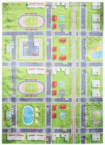 Makro Abra Dětský kusový koberec vhodný k praní BAMBINO 9033 Město Ulice Fotbalový stadión pogumovaný zelený modrý Rozměr: 160x230 cm