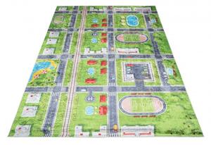 Makro Abra Dětský kusový koberec vhodný k praní BAMBINO 9033 Město Ulice Fotbalový stadión pogumovaný zelený modrý Rozměr: 120x170 cm