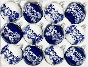 Irisa Sada skleněných vánočních ozdob bílá, modrá s dekorem folklor 12 ks