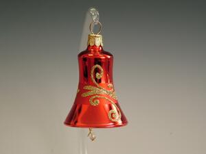 Slezská tvorba Sada skleněných vánočních ozdob zvonek červený lesklý se zlatým dekorem