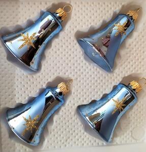 Slezská tvorba Sada skleněných vánočních ozdob zvonek stříbřený světle modrý se zlatým dekorem