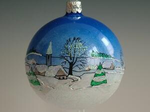 Slezská tvorba Sada skleněných vánočních ozdob koule hladká stříbřená smáčená krajinka s domy a stromy
