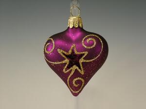 Slezská tvorba Sada skleněných vánočních ozdob srdce fialové matné se zlatým dekorem