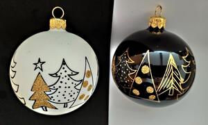 Slezská tvorba Sada skleněných vánočních ozdob černé a bílé koule, dekor stromy