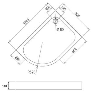 LOR 120x80 Pravá Sprchová vanička asymetrická, akrylát