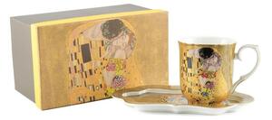 HOME ELEMENTS Porcelánový hrnek 360 ml s podtáckem, Klimt Polibek zlatý
