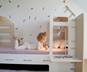 Dětská domečková postel se skluzavkou a lampičkou - Béžová - Nelakovaná, 90x180 cm, Zvolte stranu: Vlevo