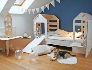 Dětská domečková postel se skluzavkou a lampičkou - Bílá, 90x200 cm, Zvolte stranu: Vlevo