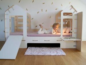 Dětská domečková postel se skluzavkou a lampičkou - Béžová - Nelakovaná, 90x180 cm, Zvolte stranu: Vlevo