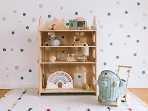 Dřevěná knihovna 3v1 do dětského pokoje ve tvaru domku Zvolte barvu stran: Růžová, Zvolte barvu polic: Růžová