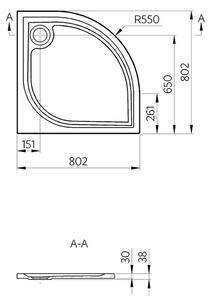 Vima 115 - Vanička čtvrtkruh s protiskluzem, 80x80cm