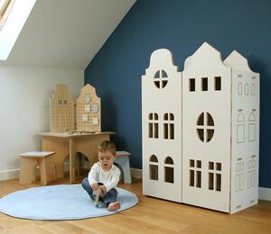Montessori dřevěná šatní skříň ve tvaru domku Zvolte barvu stran: Šedá, Zvolte barvu polic: Šedá