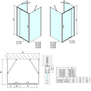 Polysan, EASY LINE sprchový kout tři stěny 800-900x700mm, pivot dveře L/P varianta, Brick sklo, EL1638EL3138EL3138