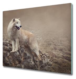 Skleněná krájecí deska Bílý vlk na skále 60x52 cm