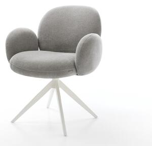 DELIFE Jídelní židle Nube-Flex s područkami potahová látka Měkký šedá křížová podnož široká bílá 360° otočný houpací funkce taštičkové pružiny
