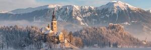 Obraz kostel u jezera Bled ve Slovinsku - 120x40 cm