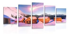 5-dílný obraz zasněžená horská vesnička - 100x50 cm
