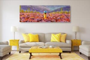 Obraz dívka ve žlutých šatech v levandulovém poli - 150x50 cm