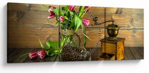Obraz - tulipány, mlýnek a káva (s hodinami) (90x30 cm)