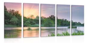 5-dílný obraz východ slunce u řeky - 100x50 cm