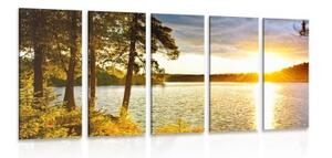5-dílný obraz západ slunce nad jezerem - 100x50 cm
