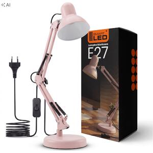Růžová stolní lampa E27, nastavitelná, s klipsem, IP20