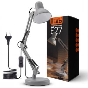Šedá stolní lampa E27, nastavitelná, s klipsem, IP20