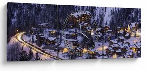 Obraz - horské zimní městečko (s hodinami) (90x30 cm)