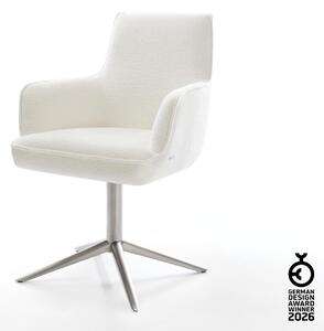 DELIFE Jídelní židle Heira-Flex s područkami bouclé měkký béžová křížová podnož nerezová ocel 360° otočný houpací funkce taštičkové pružiny