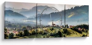 Obraz - vesnička v mlze (s hodinami) (90x30 cm)