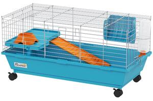 PawHut klec pro králíky a morčata s kolečky, napáječkou, miskou, krmítkem, plošinou a rampou, vyjímatelný podnos — 89 × 44 × 43 cm — modrá | Aosom