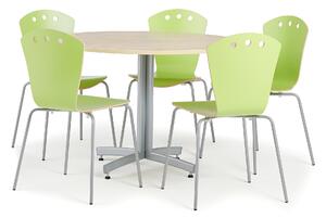 AJ Produkty Jídelní sestava SANNA + ORLANDO, stůl Ø1100 mm, bříza + 5 židlí, zelené